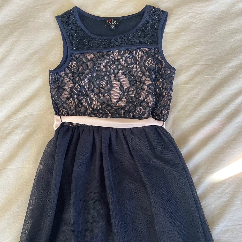 Girls Navy Blue Lace Casual Dress